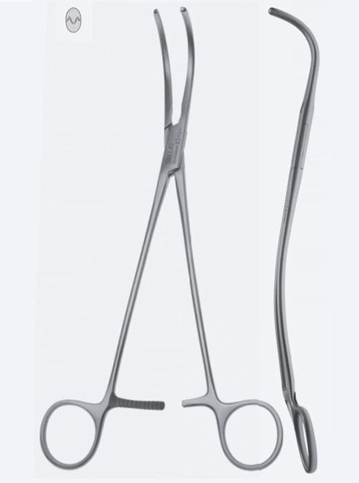 Зажими судинні De Bakey для аорти, зубці De Bakey, з вигнутою ручкою, вигнуті, з кремальєрою, довжина 265 мм. Бренд - Asanus Medizintechnik Gmb, Німеччина